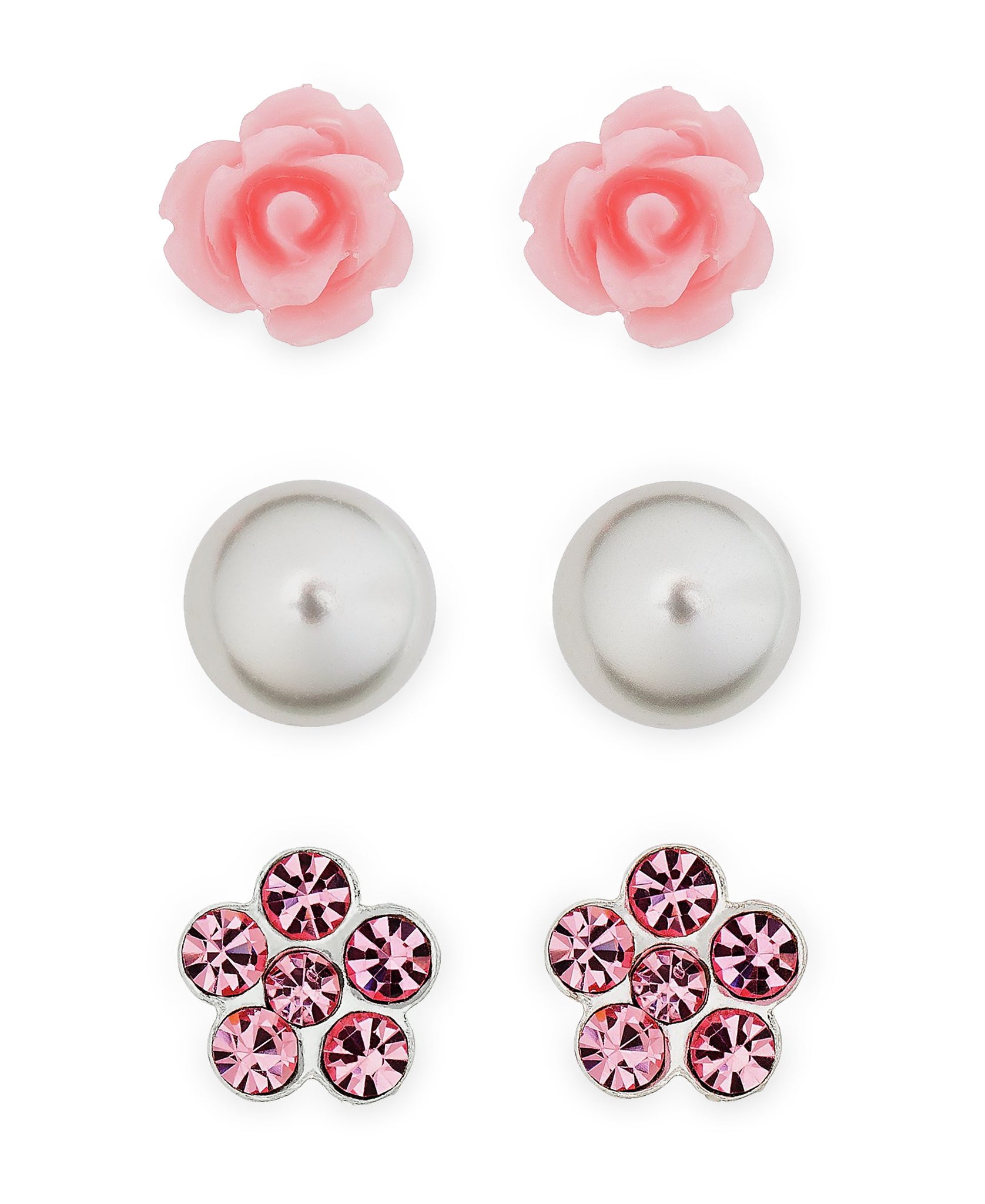 Children's Sterling Silver Rose, Pearl, Crystal Flower Stud Earrings - Set of 3 - Rhona Sutton Jewellery