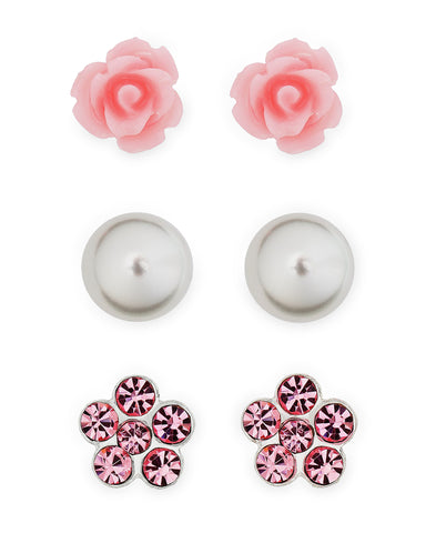 Children's Sterling Silver Rose, Pearl, Crystal Flower Stud Earrings - Set of 3 - Rhona Sutton Jewellery