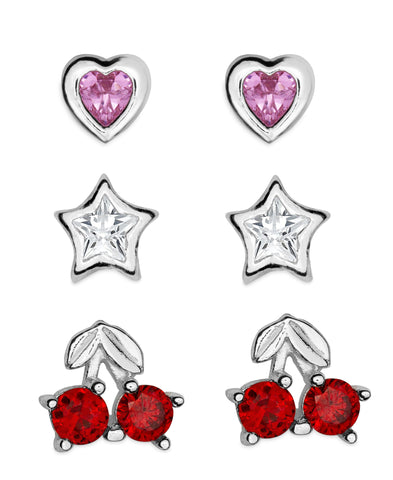 Children's Sterling Silver Cubic Zirconia Heart, Star, Cherry Stud Earrings - Set of 3 - Rhona Sutton Jewellery