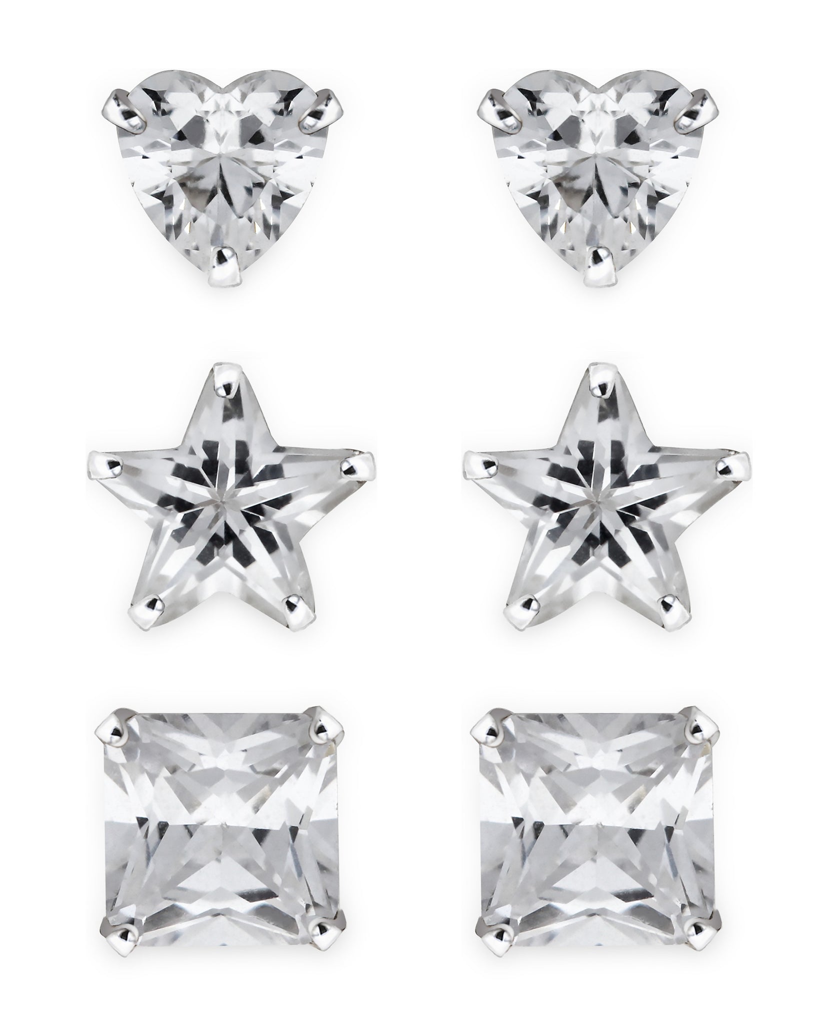Children's Sterling Silver Cubic Zirconia Heart, Star, Square Stud Earrings - Set of 3 - Rhona Sutton Jewellery
