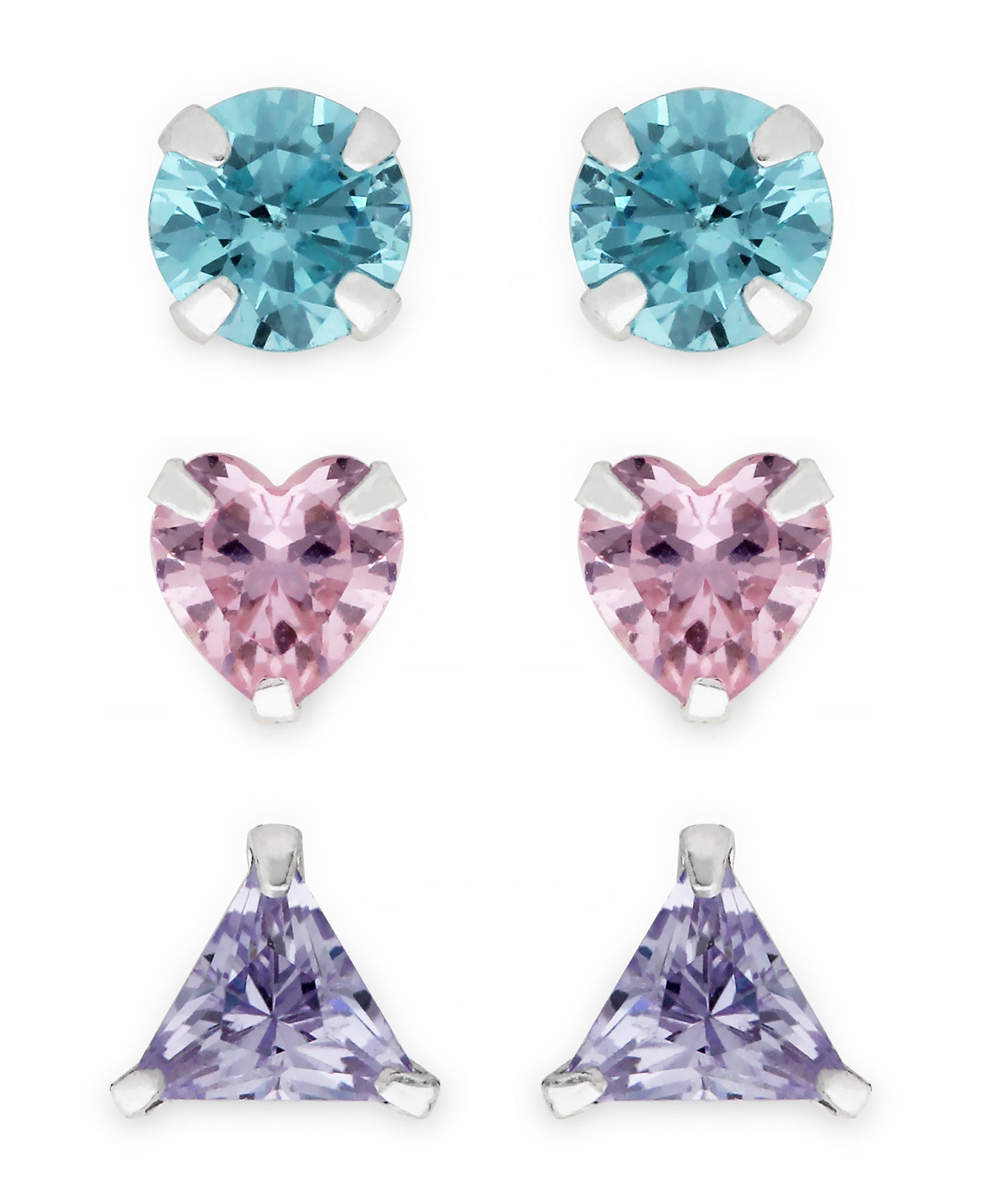 Children's Sterling Silver Colored Cubic Zirconia Shapes Stud Earrings - Set of 3 - Rhona Sutton Jewellery