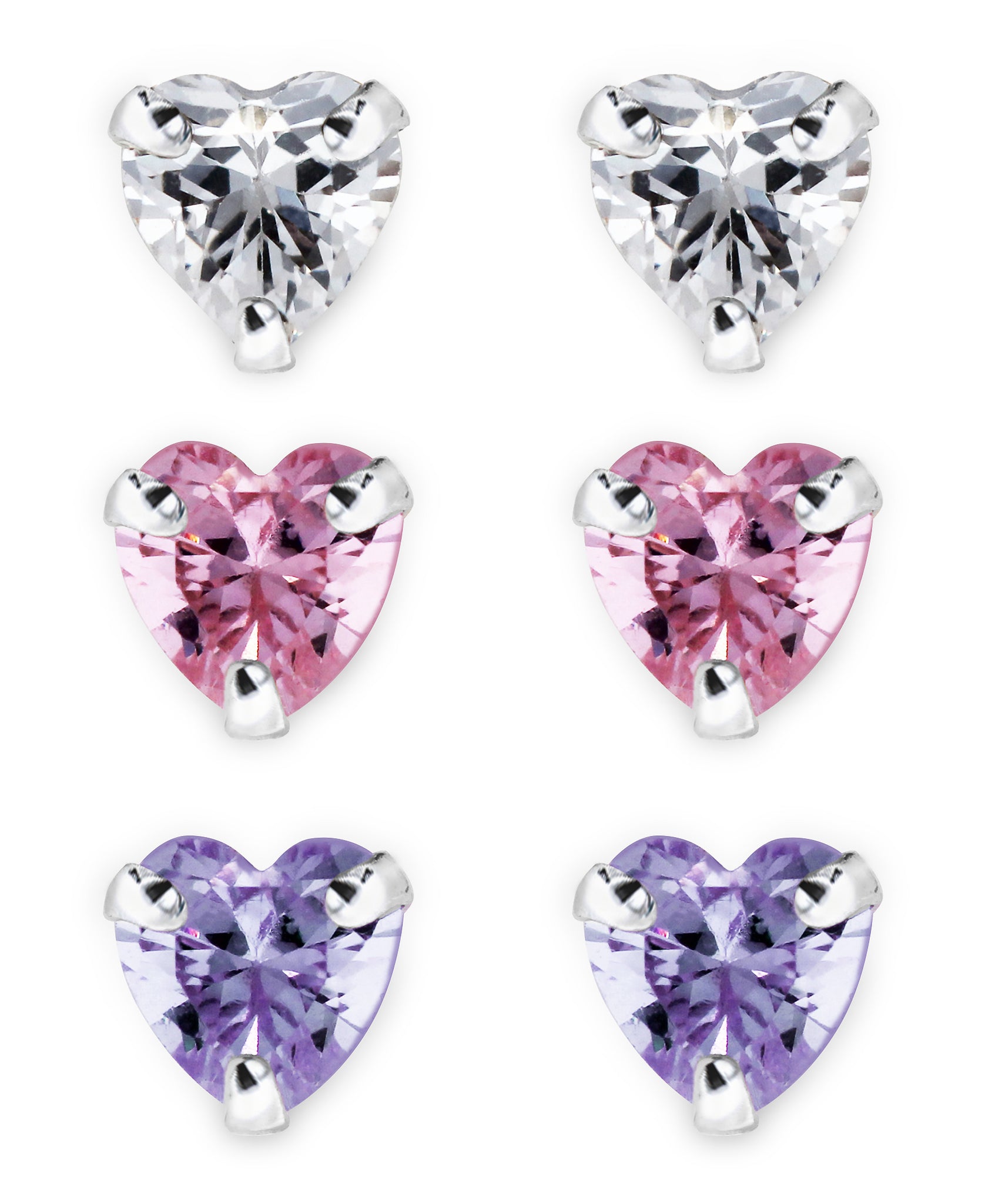 Children's Sterling Silver Colored Cubic Zirconia Heart Stud Earrings - Set of 3 - Rhona Sutton Jewellery