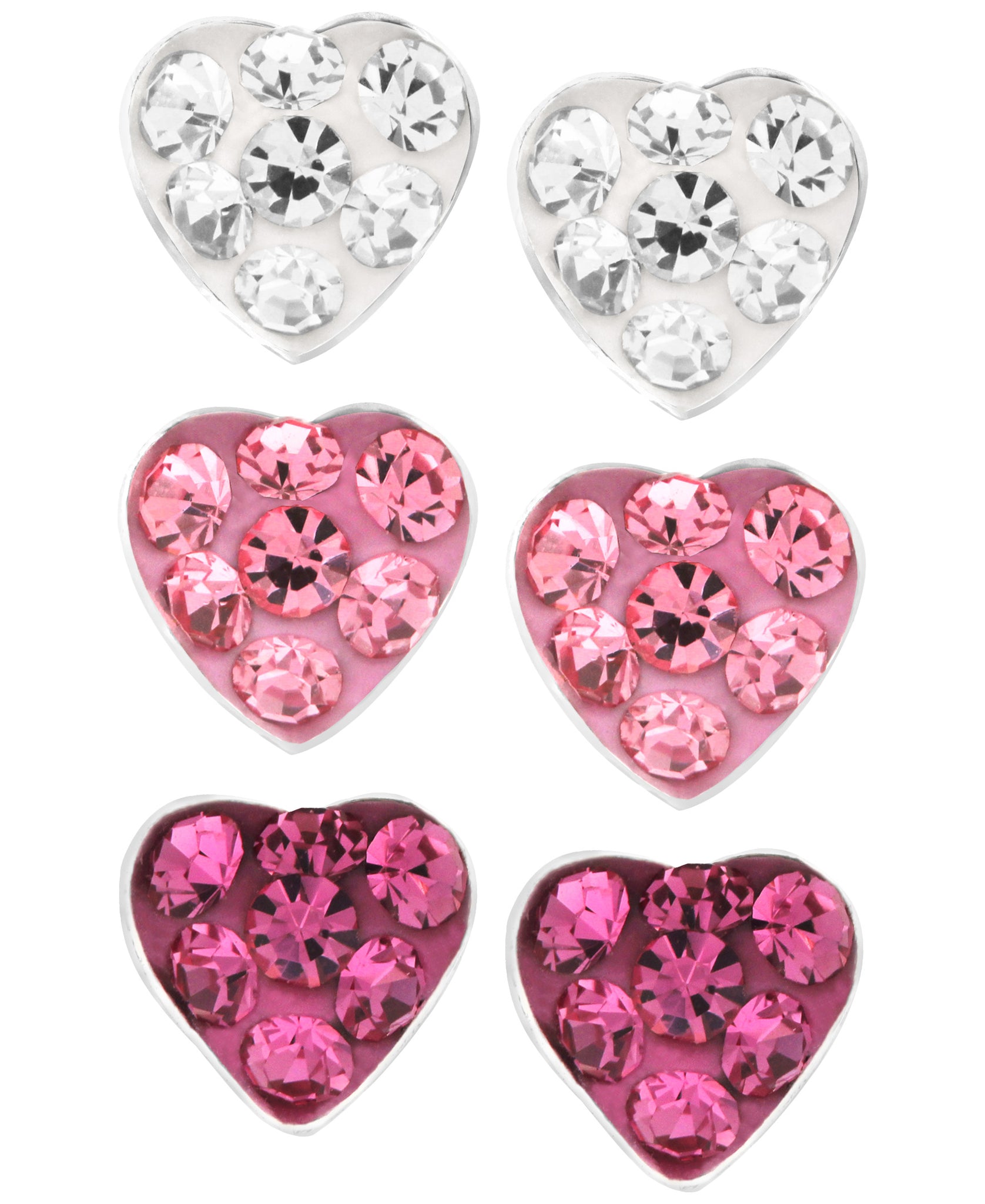 Children's Sterling Silver Fuchsia, Rose, White Crystal Heart Stud Earrings - Set of 3 - Rhona Sutton Jewellery