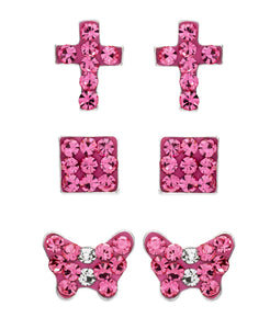 Children's Sterling Silver Crystal Cross, Butterfly, Square Stud Earrings - Set of 3 - Rhona Sutton Jewellery