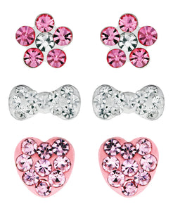 Children's Sterling Silver Crystal Flower, Bow, Heart Stud Earrings - Set of 3 - Rhona Sutton Jewellery