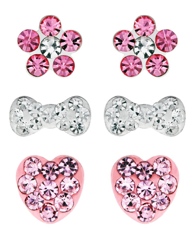 Children's Sterling Silver Crystal Flower, Bow, Heart Stud Earrings - Set of 3 - Rhona Sutton Jewellery