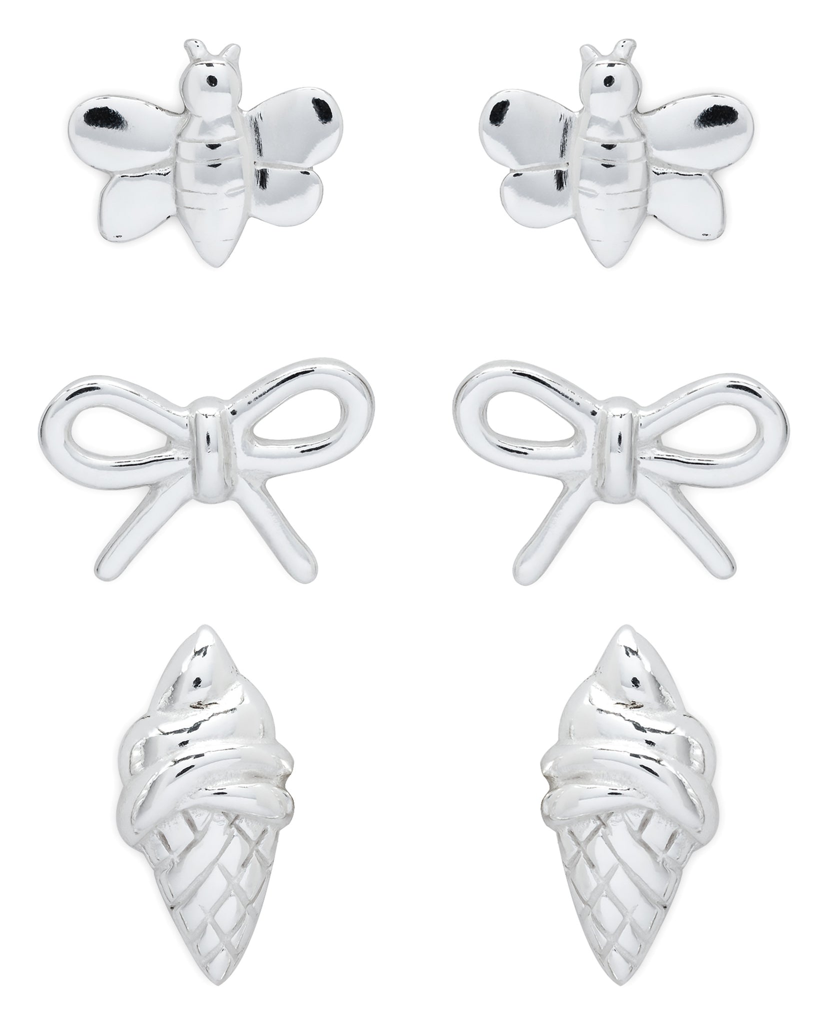 Children's Sterling Silver Bumble Bee, Bow, Ice Cream Stud Earrings - Set of 3 - Rhona Sutton Jewellery