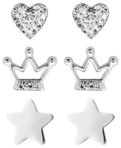 Children's Sterling Silver Crystal Heart, Crown, Star Stud Earrings - Set of 3 - Rhona Sutton Jewellery
