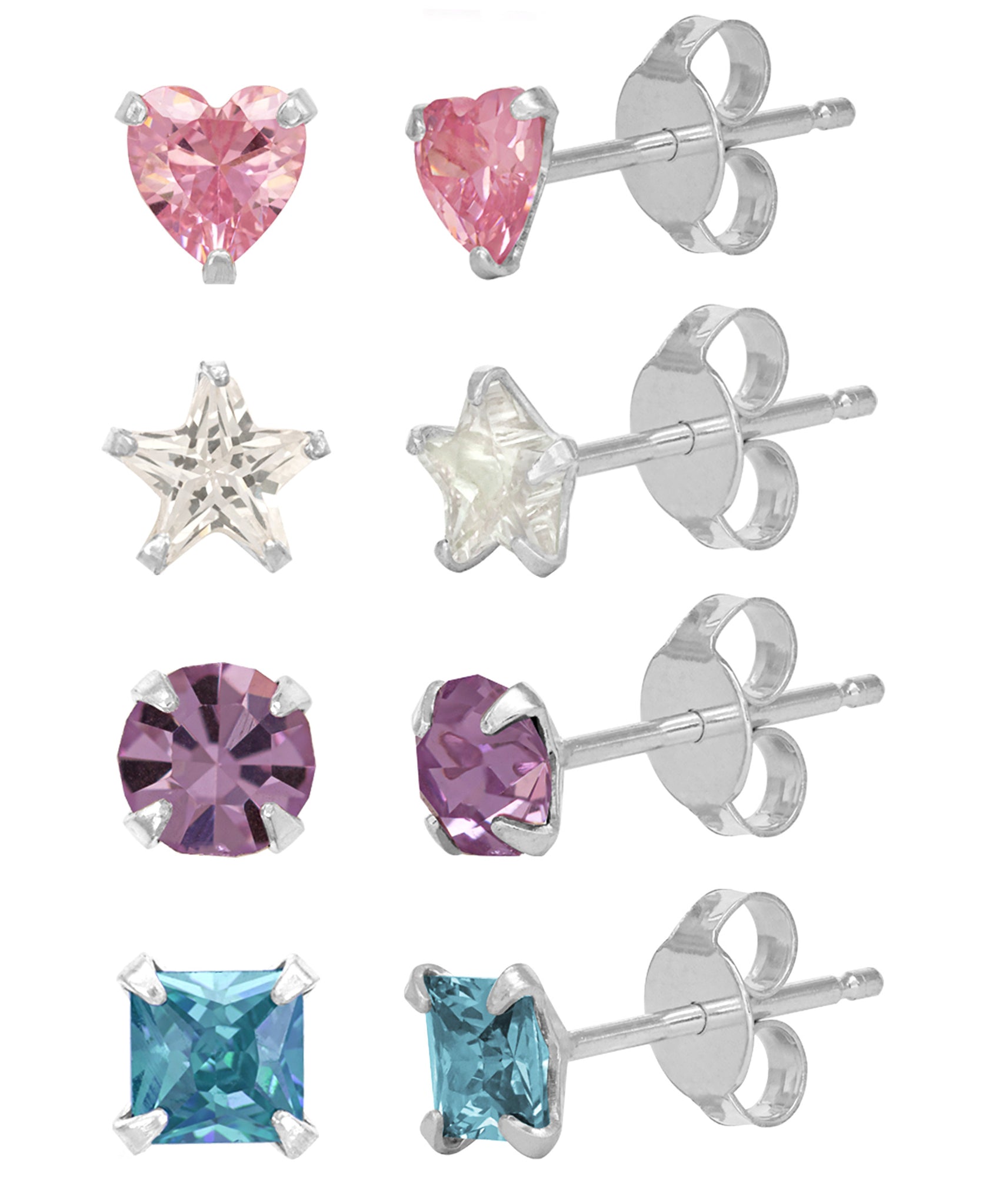 Children's Sterling Silver Colored Cubic Zirconia Shapes Stud Earrings - Set of 4 - Rhona Sutton Jewellery