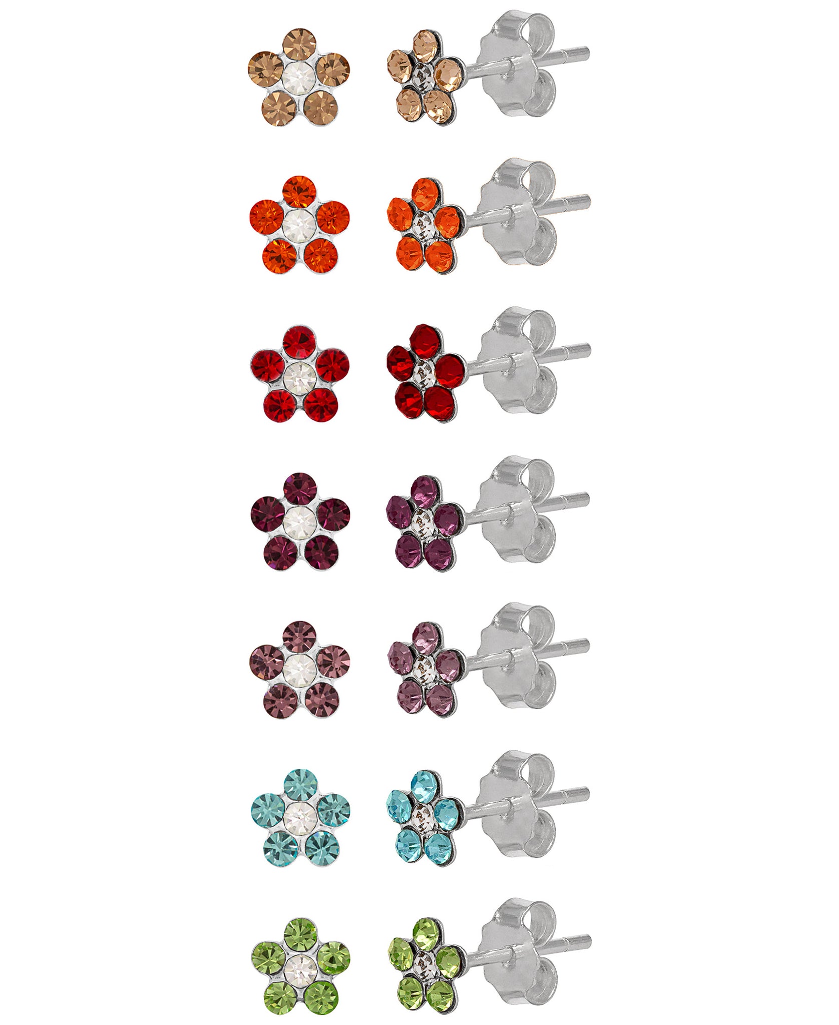 Children's Sterling Silver Crystal Flower Stud Earrings - Set of 7 - Rhona Sutton Jewellery