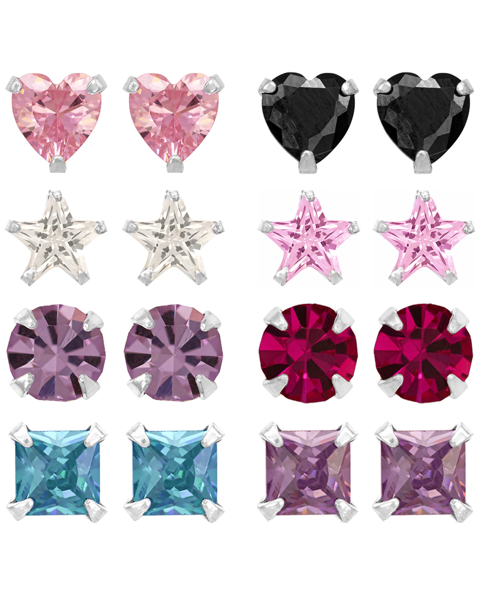 Children's Sterling Silver Colored Cubic Zirconia Shapes Stud Earrings - Set of 8 - Rhona Sutton Jewellery