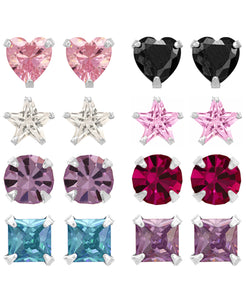 Children's Sterling Silver Colored Cubic Zirconia Shapes Stud Earrings - Set of 8 - Rhona Sutton Jewellery