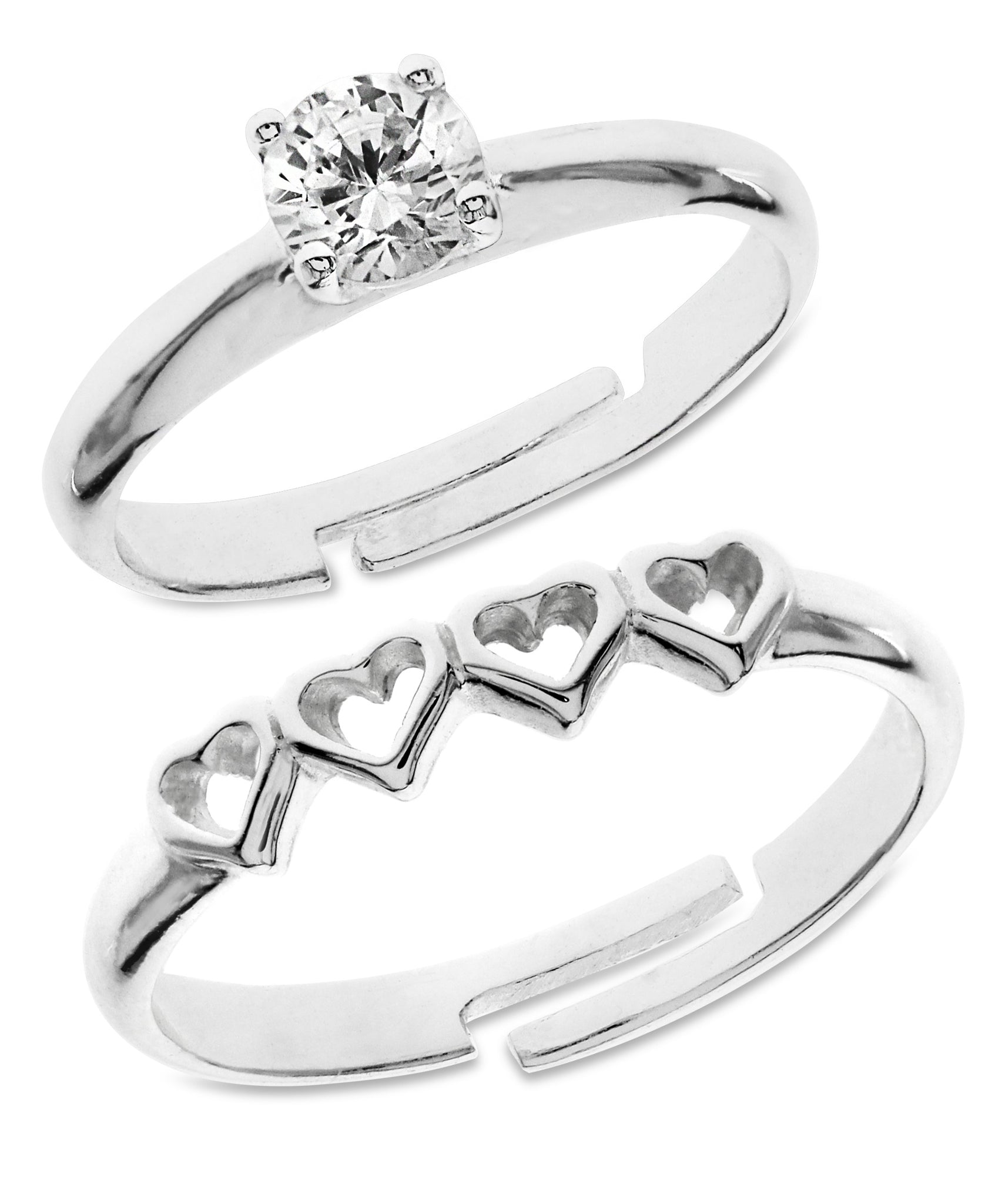 Children's Sterling Silver Hearts & Round Cut Cubic Zirconia Adjustable Rings - Set of 2 - Rhona Sutton Jewellery