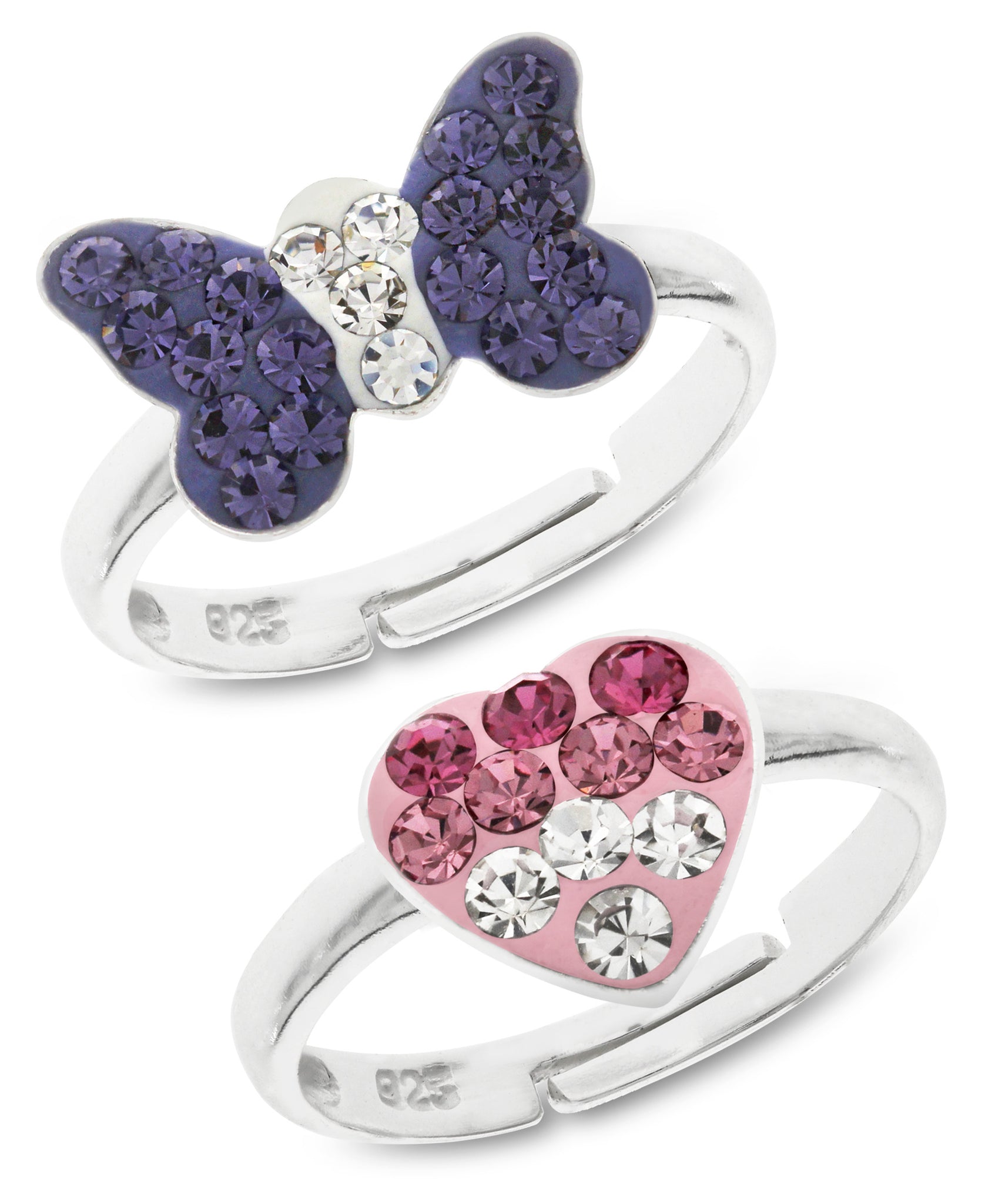 Children's Sterling Silver Crystal Heart & Butterfly Adjustable Rings - Set of 2 - Rhona Sutton Jewellery