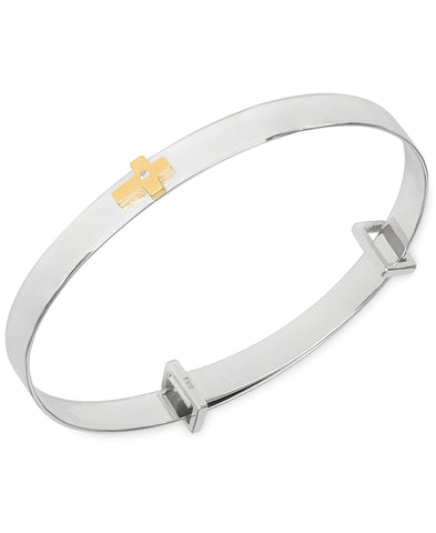 Children's Diamond Accent Central Cross Expander Bangle Bracelet in Sterling Silver & 14K Gold over Silver - Rhona Sutton Jewellery