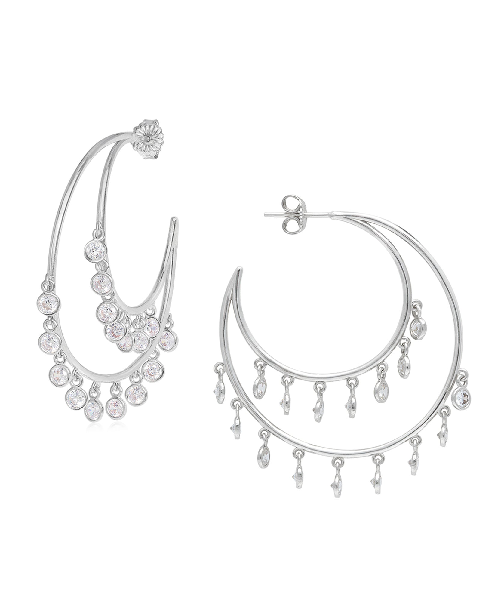 Rhona Sutton Sterling Silver Drop Crystal Crescent Hoop Earrings - Rhona Sutton Jewellery
