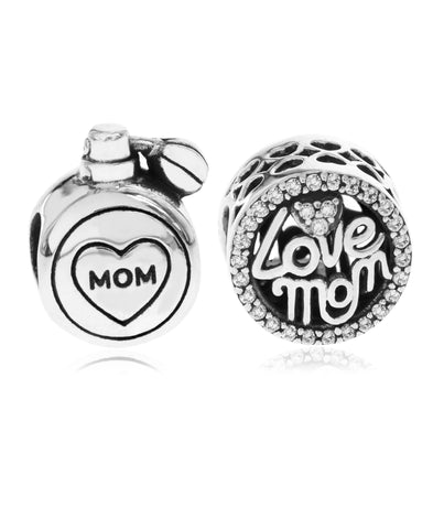 2-Pc. Set Cubic Zirconia Love Mom & Perfume Bead Charms in Sterling Silver - Rhona Sutton Jewellery