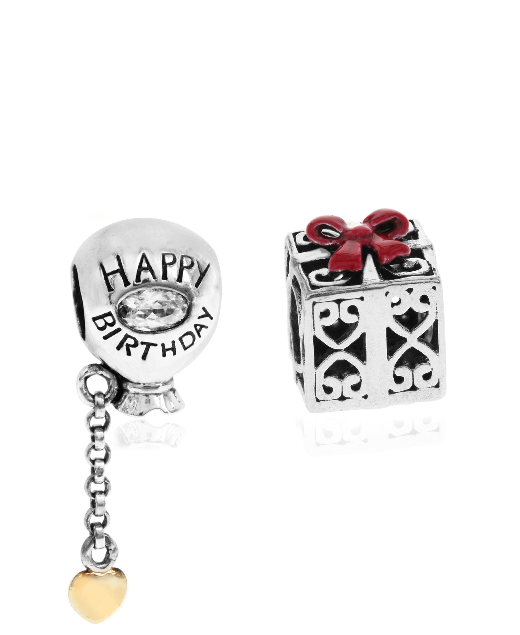 2-Pc. Set Happy Birthday Balloon & Gift Box Bead Charms in Sterling Silver & Gold-Plate - Rhona Sutton Jewellery
