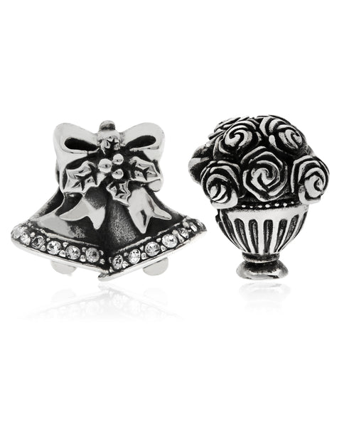 2-Pc. Set Wedding Bells & Bouquet Bead Charms in Sterling Silver - Rhona Sutton Jewellery