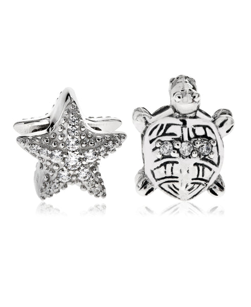 2-Pc. Set Cubic Zirconia Starfish and Turtle Bead Charms in Sterling Silver - Rhona Sutton Jewellery